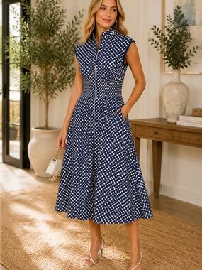 kenzie Navy and White Sleeveless Zip-Front Midi Dress